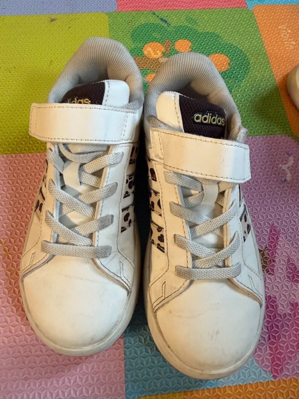 Adidas Kids Sneakers 13K White Leopard Print Stripes Velcro Lace Up